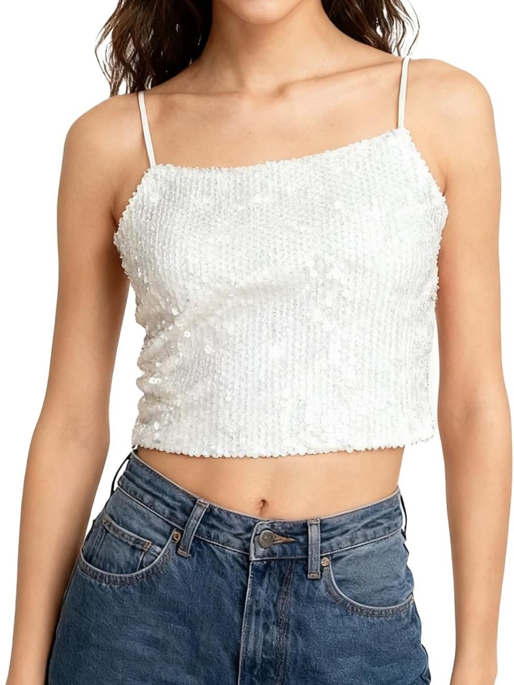 Sequin Cami Top Square Neck Sparkly Tank Top Sleeveless M. 2719/bb16-1